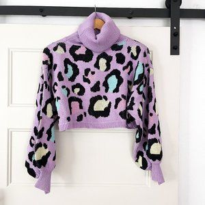 Chrissa Sparkles Lavender Leopard Print Cropped Knit Turtleneck Sweater NWOT